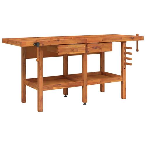 Arbejdsbord m. skuffer + skruestik 192x62x83 cm massivt akacie