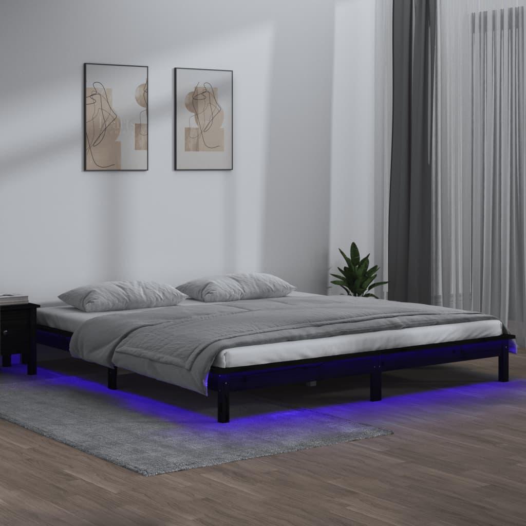 Sengeramme med LED 150x200 cm kingsize massivt træ sort