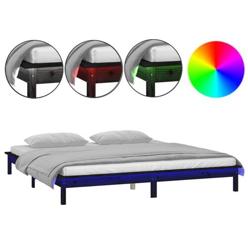 Sengeramme med LED 150x200 cm kingsize massivt træ sort