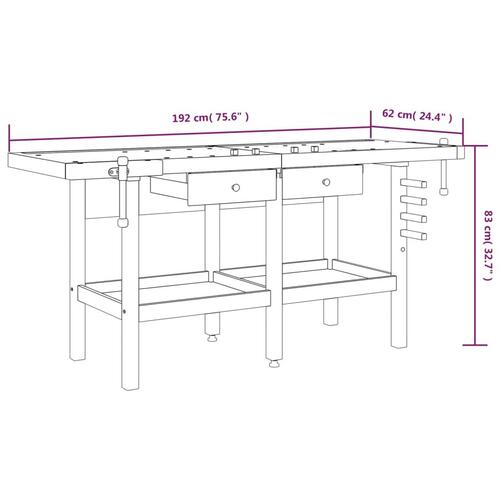 Arbejdsbord m. skuffer + skruestik 192x62x83 cm massivt akacie