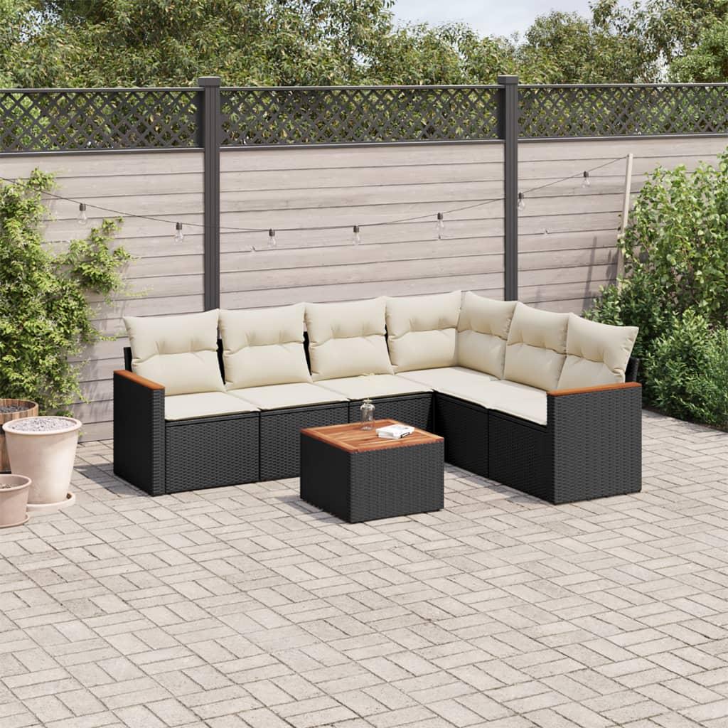 Havesofasæt i polyrattan - 7 dele med hynder, sort