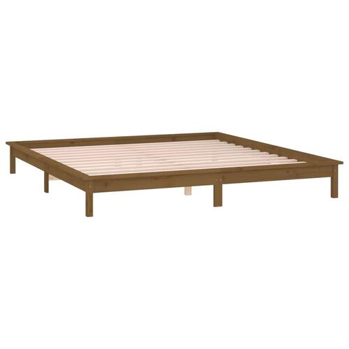 Sengeramme med LED-lys 200x200 cm massivt træ gyldenbrun