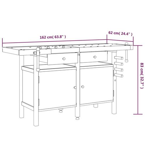 Arbejdsbord m. skuffer + skruestik 162x62x83 cm massivt akacie