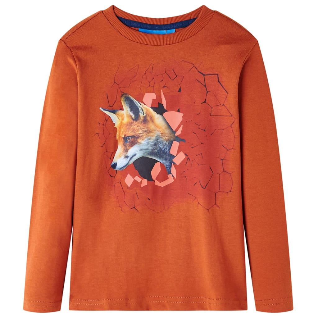 Langærmet T-shirt til børn med ræveprint str. 116 - rustfarvet