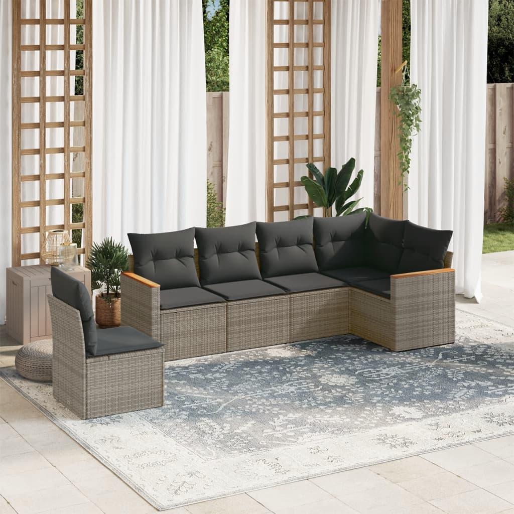 Havesofasæt i polyrattan - 6 dele med hynder, grå