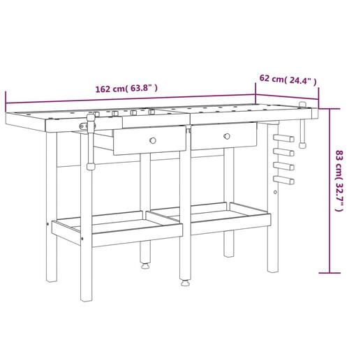 Arbejdsbord m. skuffer + skruestik 162x62x83 cm massivt akacie