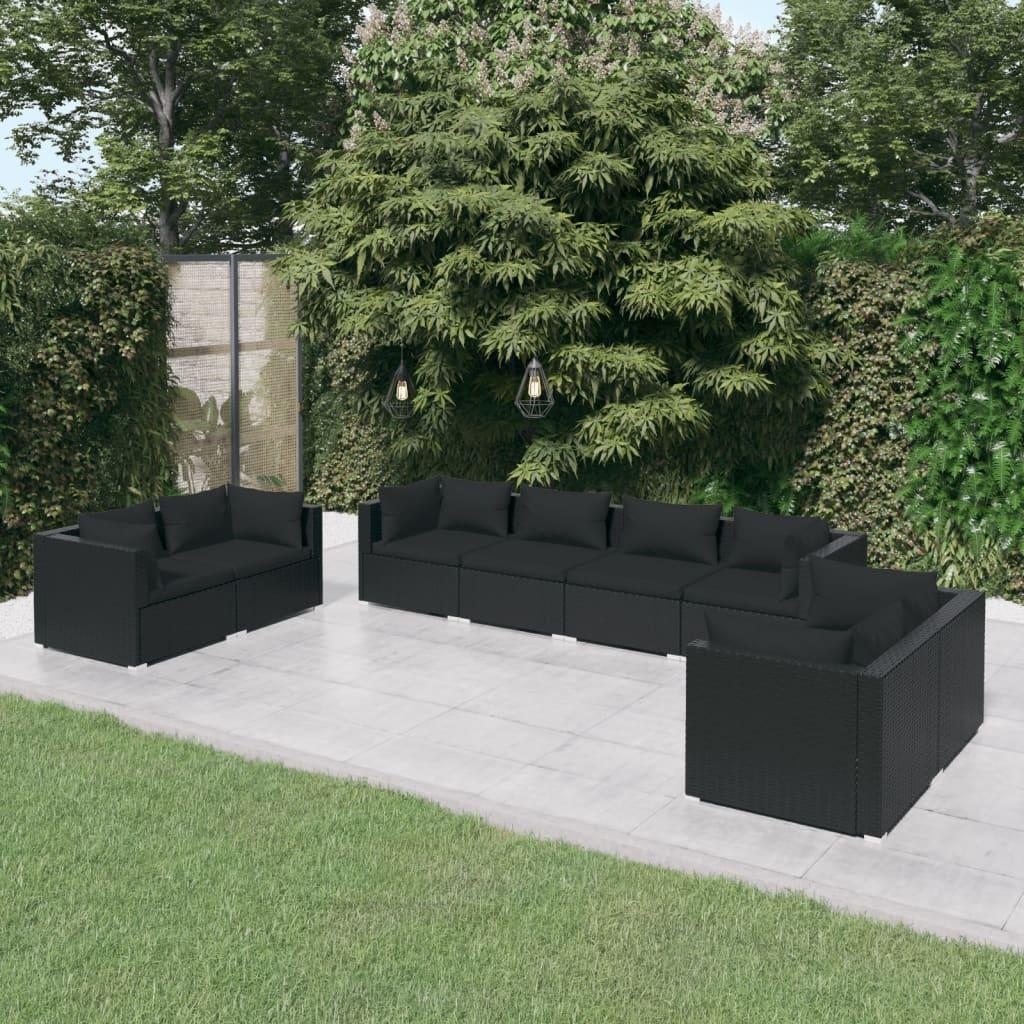 Loungesæt til haven 8 dele med hynder polyrattan sort