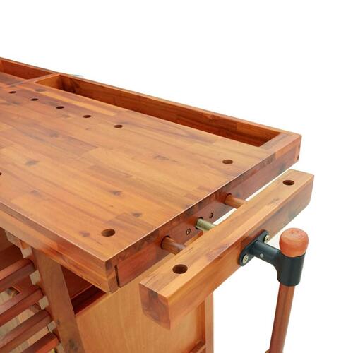 Arbejdsbord m. skuffer + skruestik 192x62x83 cm massivt akacie