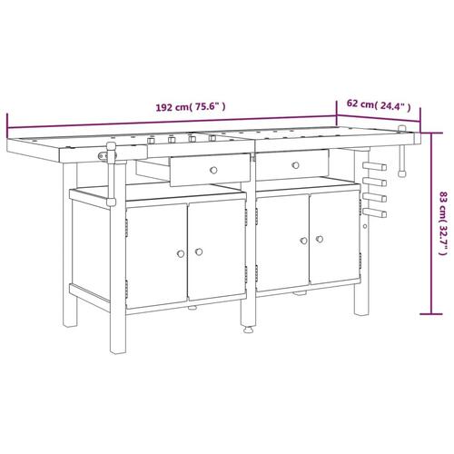 Arbejdsbord m. skuffer + skruestik 192x62x83 cm massivt akacie