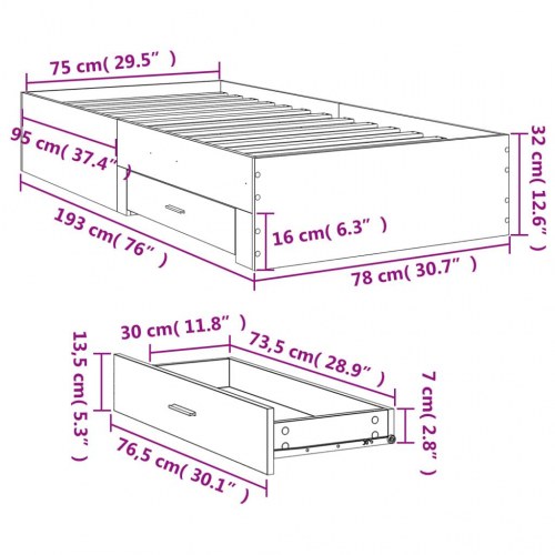 Sengeramme med 2 skuffer 75x190 cm - grå sonoma-eg