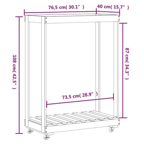 Brændestativ med hjul 76,5x40x108 cm massivt fyrretræ