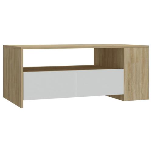 Sofabord 102x55x42 cm konstrueret træ hvid og sonoma-eg