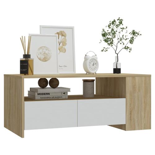 Sofabord 102x55x42 cm konstrueret træ hvid og sonoma-eg