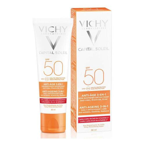 Solcreme til ansigtet Capital Soleil Vichy VCH00115 Spf 50 50 ml 3-i-1 Anti-Age