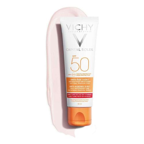 Solcreme til ansigtet Capital Soleil Vichy VCH00115 Spf 50 50 ml 3-i-1 Anti-Age
