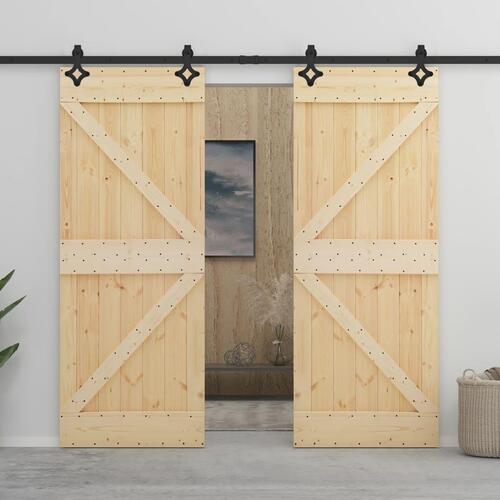 Skydedør med monteringssæt 80x210 cm massivt fyrretræ