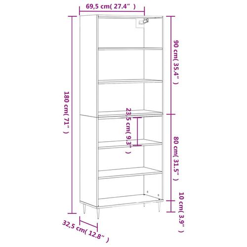 Reol 69,5x32,5x180 cm konstrueret træ hvid