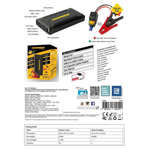 Starthjælp 12 V - Hummer HUMMH3T jumpstarter/powerbank 8 000 Ah