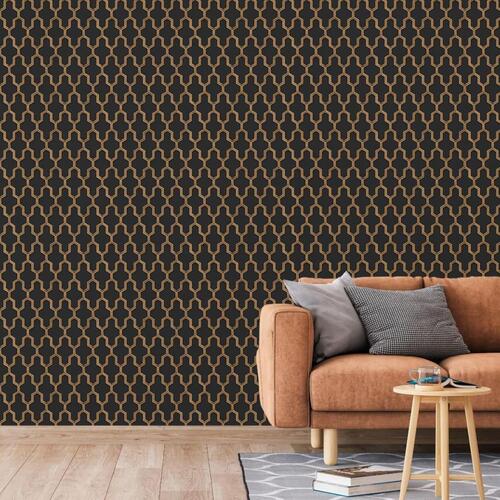DUTCH WALLCOVERINGS tapet Geometric sort og guldfarvet