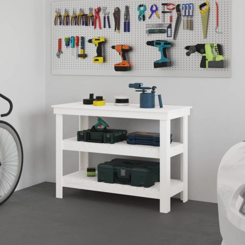 Arbejdsbord i massivt fyrretræ med 2 hylder - 110,5×50×80 cm, hvid