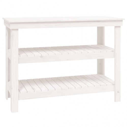 Arbejdsbord i massivt fyrretræ med 2 hylder - 110,5×50×80 cm, hvid
