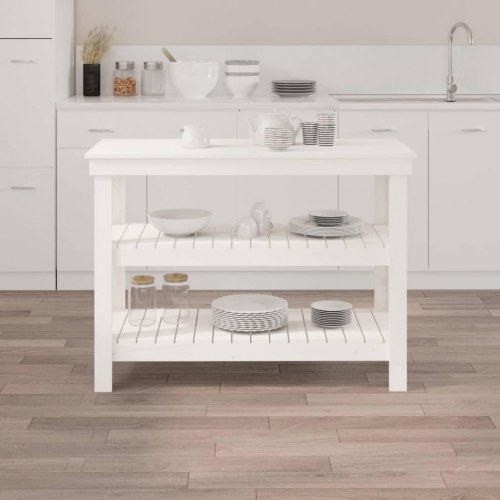 Arbejdsbord i massivt fyrretræ med 2 hylder - 110,5×50×80 cm, hvid