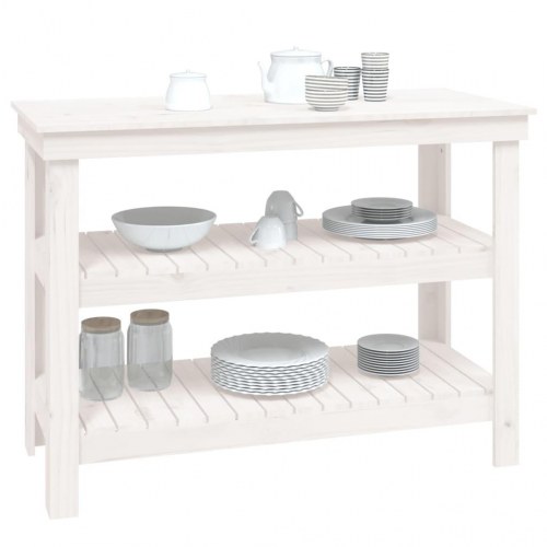 Arbejdsbord i massivt fyrretræ med 2 hylder - 110,5×50×80 cm, hvid