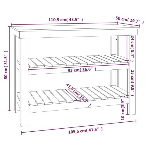Arbejdsbord i massivt fyrretræ med 2 hylder - 110,5×50×80 cm, hvid