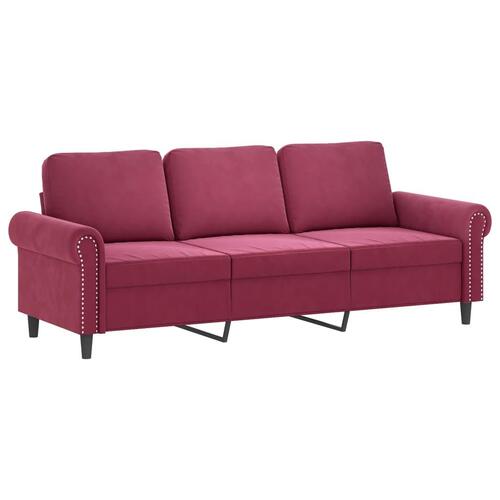 3-personers sofa med pyntepuder 180 cm velour vinrød