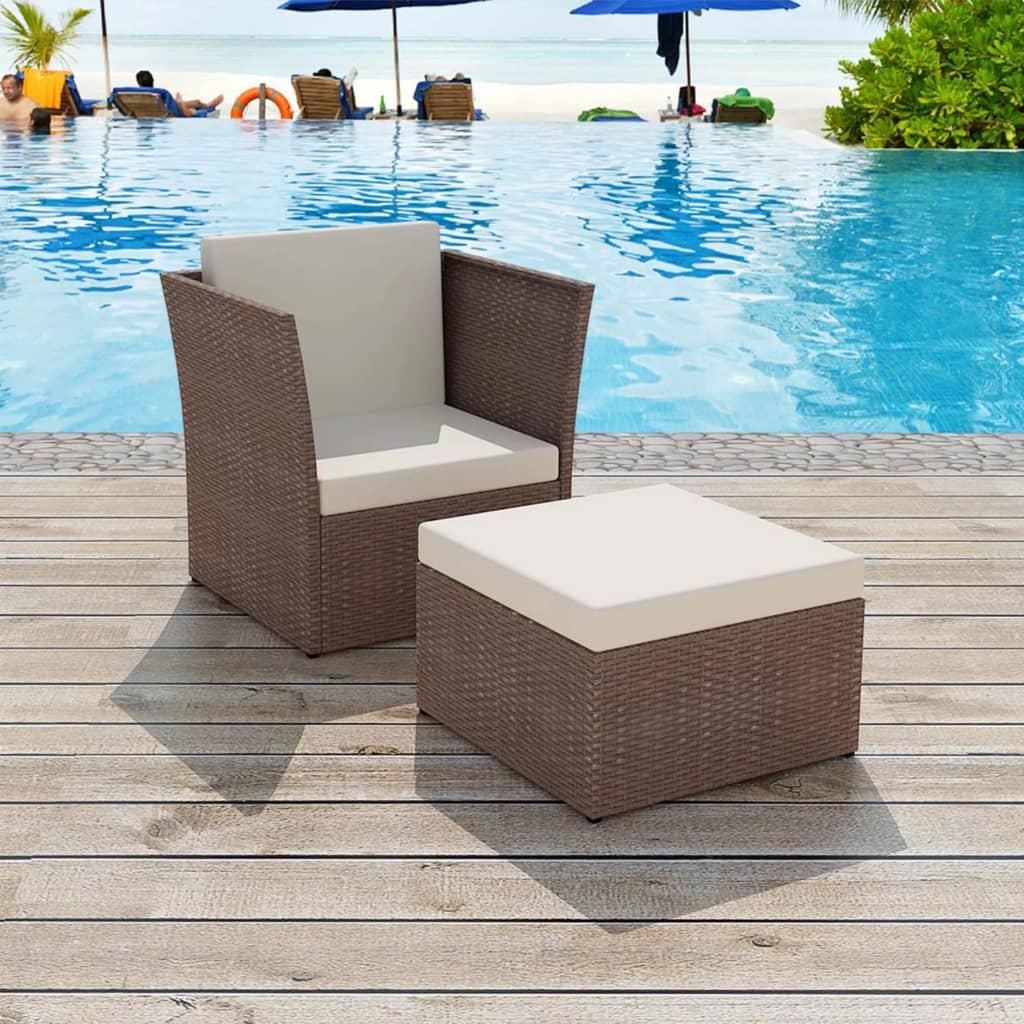Havestol med fodskammel polyrattan brun