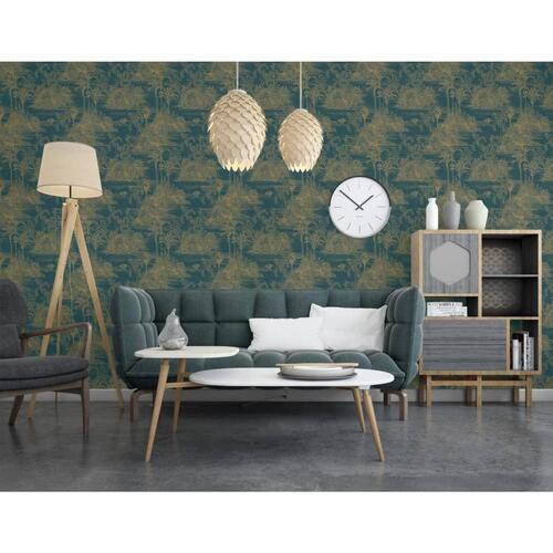 DUTCH WALLCOVERINGS tapet Tropical mørkeblå og guldfarvet