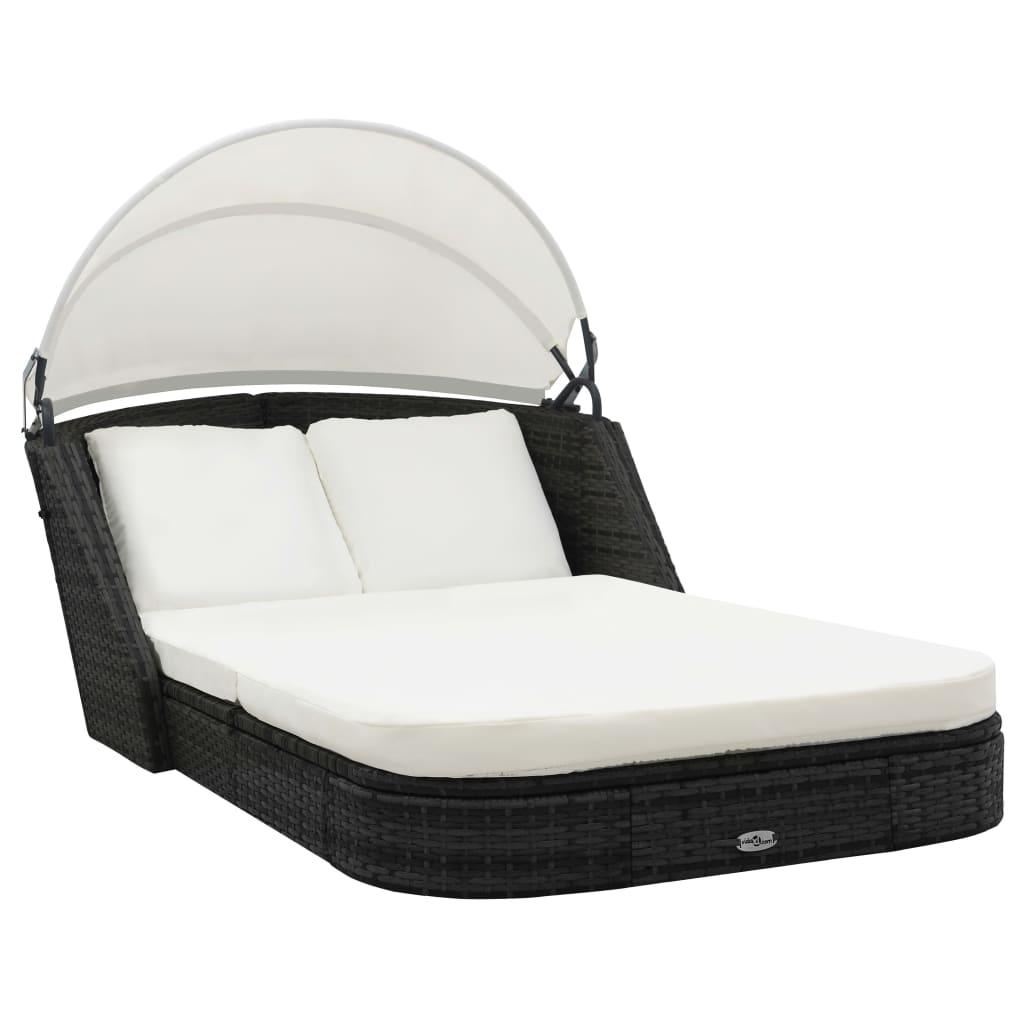 Solseng med baldakin polyrattan sort