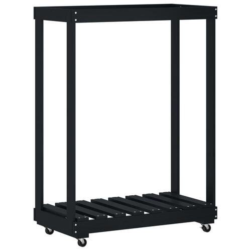 Brændestativ med hjul 76,5x40x108 cm massivt fyrretræ sort