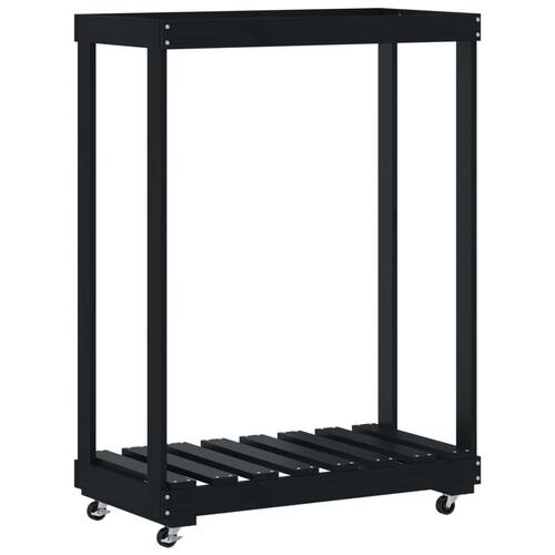 Brændestativ med hjul 76,5x40x108 cm massivt fyrretræ sort