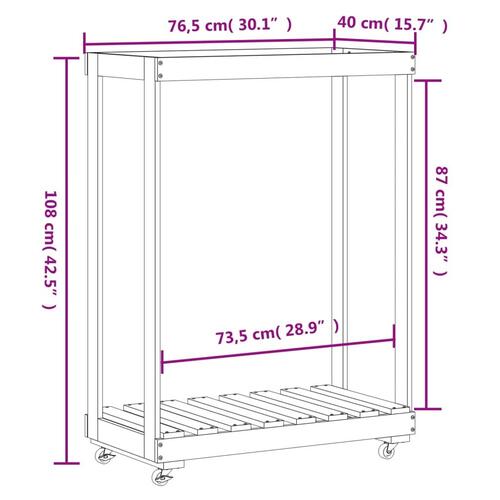 Brændestativ med hjul 76,5x40x108 cm massivt fyrretræ sort