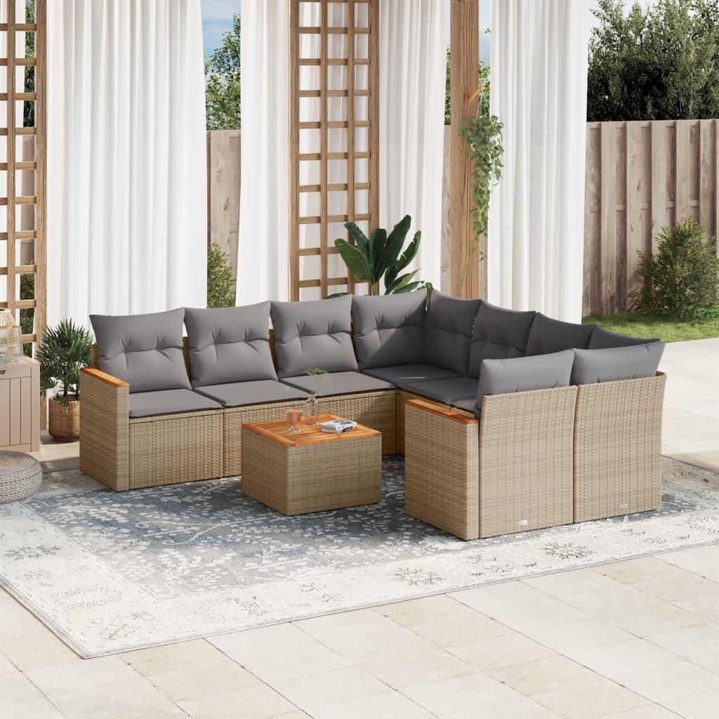 Spisebordssæt til haven 9 dele med hynder polyrattan beige