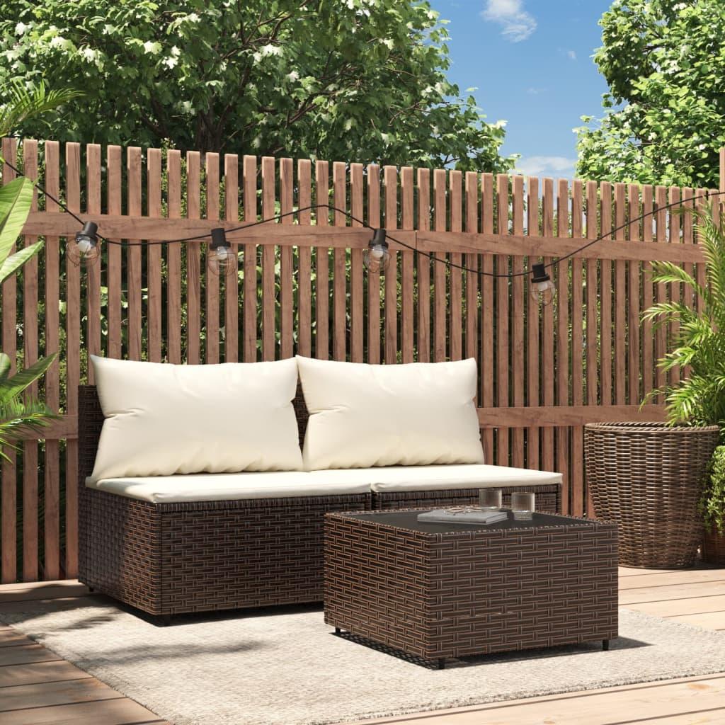 Loungesæt til haven 3 dele med hynder polyrattan brun