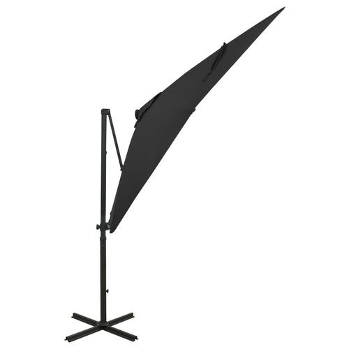 Hængeparasol med stang + LED-lys 250 cm sort