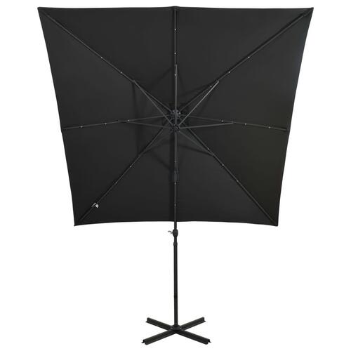 Hængeparasol med stang + LED-lys 250 cm sort