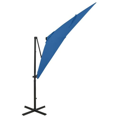Hængeparasol med stang + LED-lys 250 cm azurblå