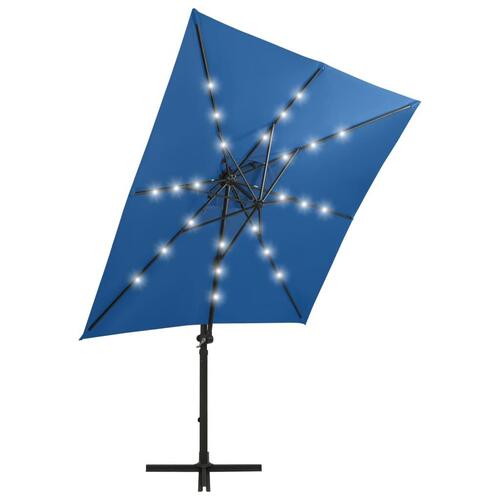 Hængeparasol med stang + LED-lys 250 cm azurblå