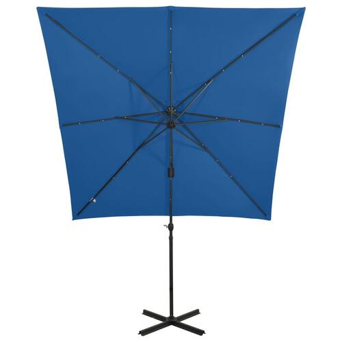 Hængeparasol med stang + LED-lys 250 cm azurblå