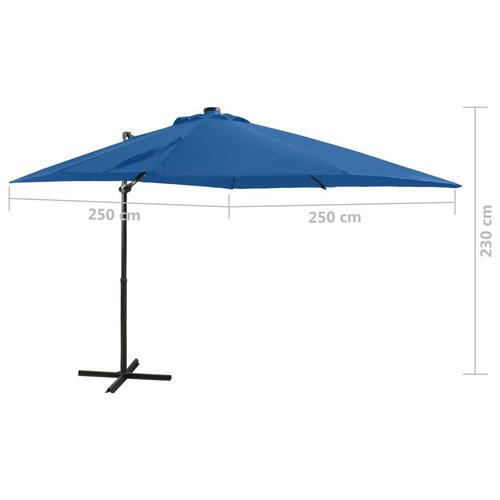 Hængeparasol med stang + LED-lys 250 cm azurblå