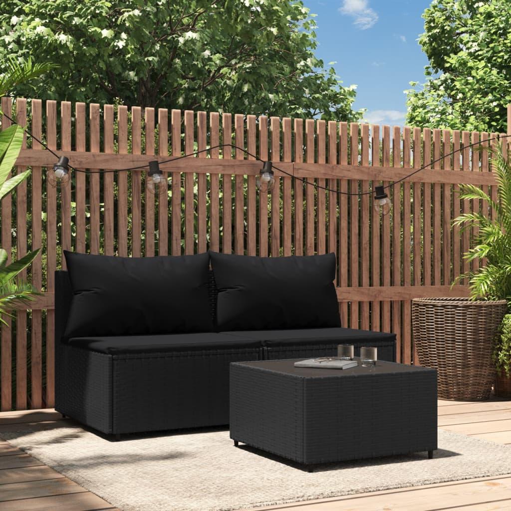 Loungesæt til haven 3 dele med hynder polyrattan sort