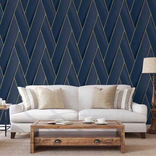 DUTCH WALLCOVERINGS tapet Geometric blå og guldfarvet