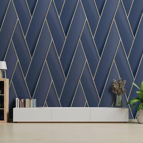 DUTCH WALLCOVERINGS tapet Geometric blå og guldfarvet