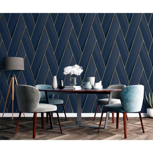 DUTCH WALLCOVERINGS tapet Geometric blå og guldfarvet