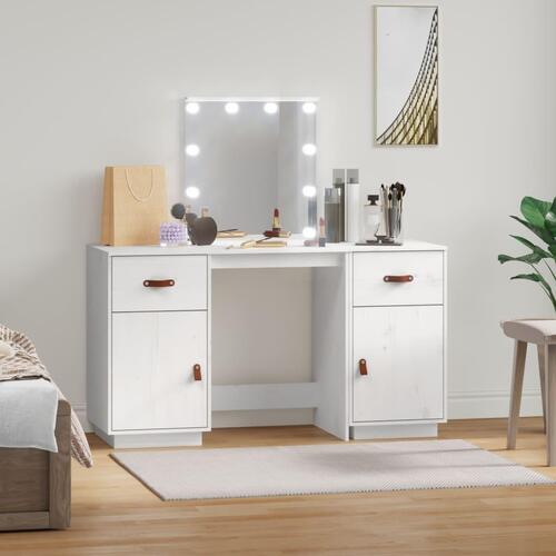 Makeupbordssæt med LED-lys massivt fyrretræ hvid