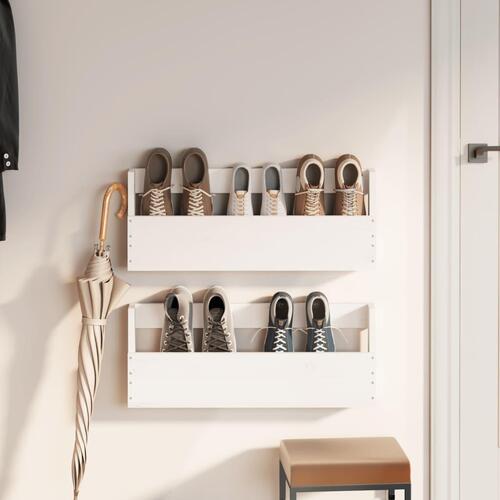 Væghængte skohylder 2 stk. 59x9x23 cm massivt fyrretræ Hvid