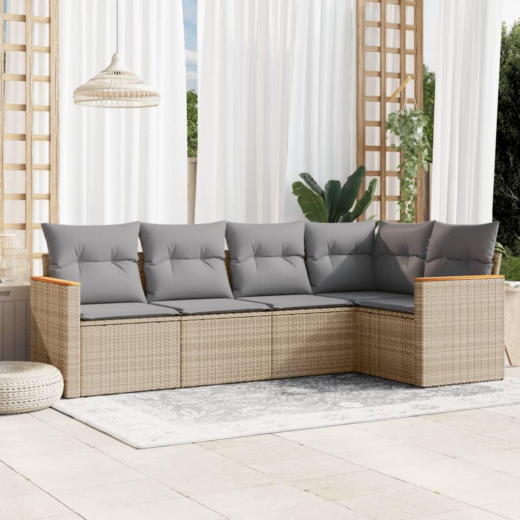 Sofasæt Til Haven 5 Dele Med Hynder Polyrattan Sort - Blandet beige / Uden bord
